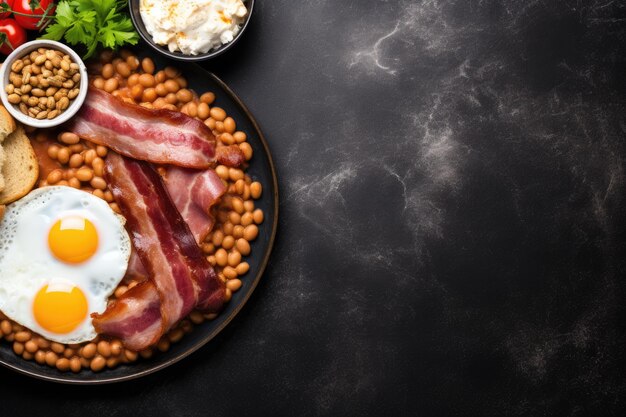 Petit-déjeuner anglais sur une assiette avec des œufs brouillés, des saucisses, des haricots, du bacon, des toasts et du café sur un fond de pierre sombre générative ai