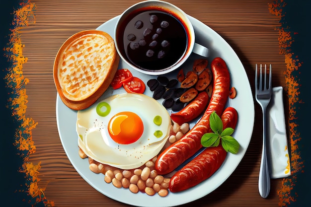 Petit-déjeuner anglais complet avec œufs au plat et vitamines