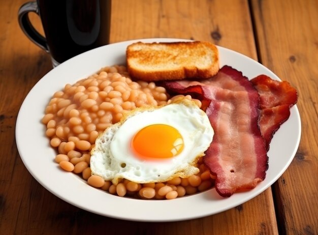 Petit-déjeuner anglais avec des œufs, du bacon et des haricots