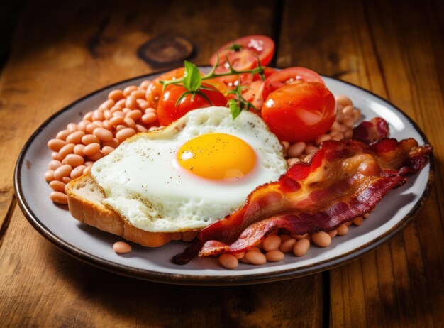 Petit déjeuner anglais avec des œufs, du bacon et des haricots.