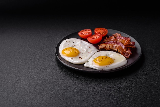 Petit déjeuner anglais avec des œufs frits, du bacon, des haricots, des tomates, des épices et des herbes.