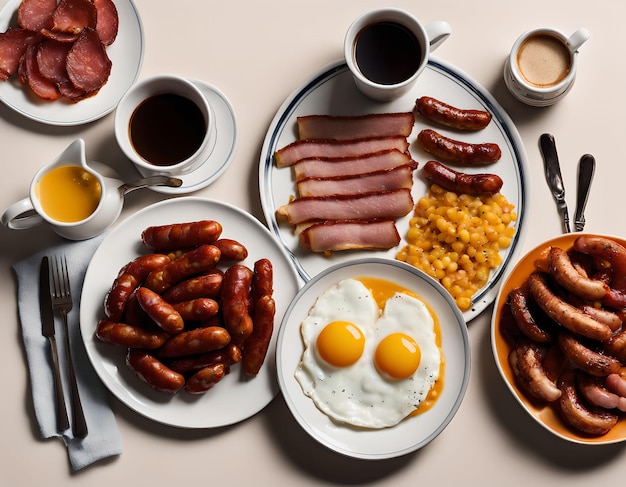 Petit déjeuner anglais avec des œufs frits, des haricots, du bacon et des saucisses.