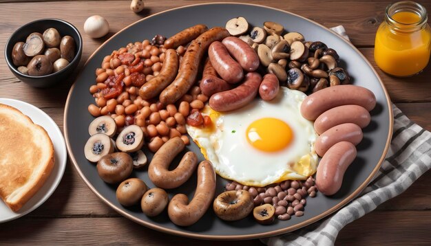 petit déjeuner anglais œufs frits avec saucisses champignons et haricots sur un fond en bois