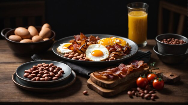 petit déjeuner anglais traditionnel complet avec des œufs frits saucisses tomates haricots toast et bacon sur une assiette