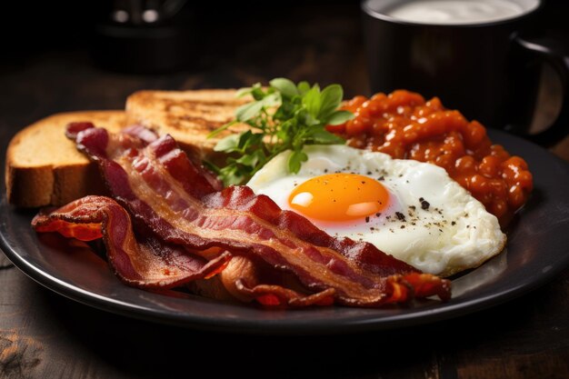 Petit déjeuner anglais traditionnel avec des œufs frits, des saucisses, des haricots, des tomates grillées et du bacon.