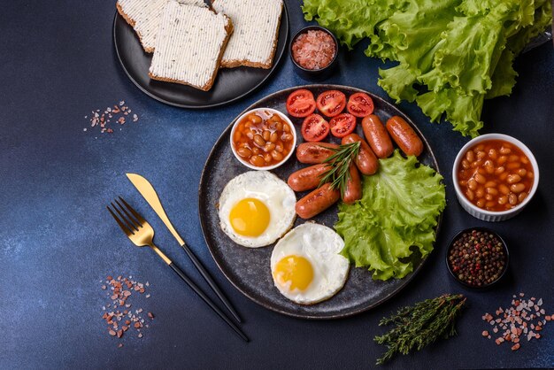 Petit-déjeuner anglais traditionnel avec des œufs, des saucisses grillées, des haricots, des épices et des herbes sur une plaque en céramique grise