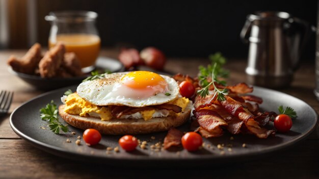 petit déjeuner au bacon et aux œufs sur table en bois