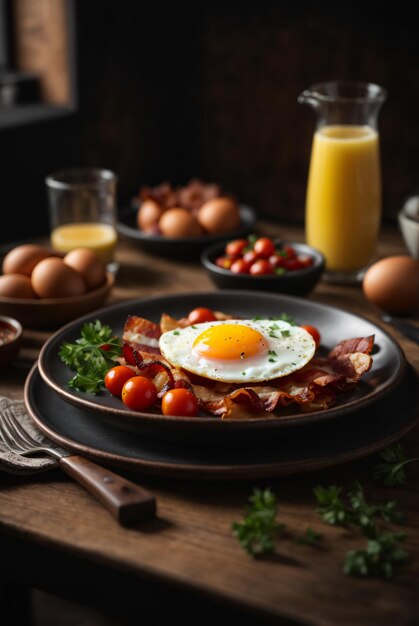 petit déjeuner au bacon et aux œufs sur table en bois