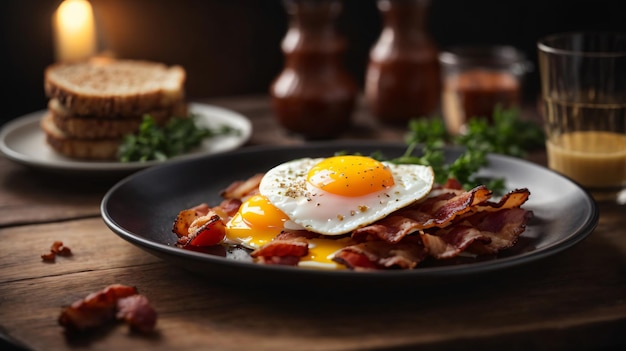 petit déjeuner au bacon et aux œufs sur table en bois