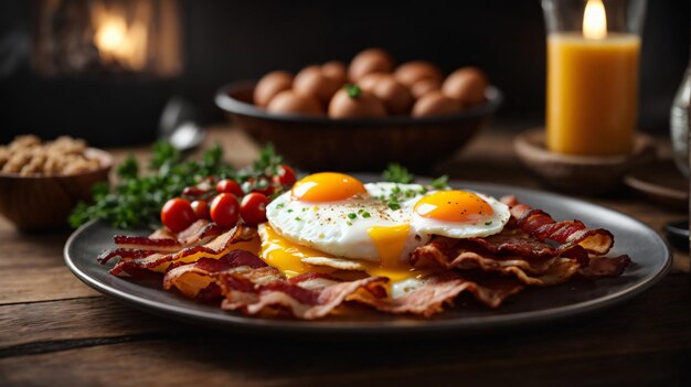 Photo petit déjeuner au bacon et aux œufs sur table en bois
