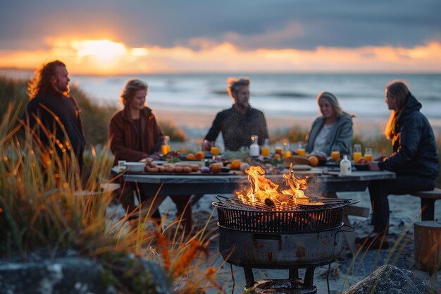 Petit déjeuner au lever du soleil sur la plage avec des amis et un gril chaud