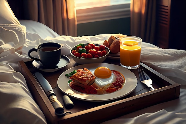 Petit-déjeuner au lit le matin Croissant au café Oeufs brouillés Bacon Légumes et fruits AI générative