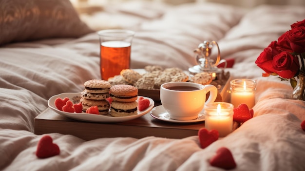 Photo petit déjeuner au lit pour la saint-valentin, thé et macarons roses sur un fond flou.