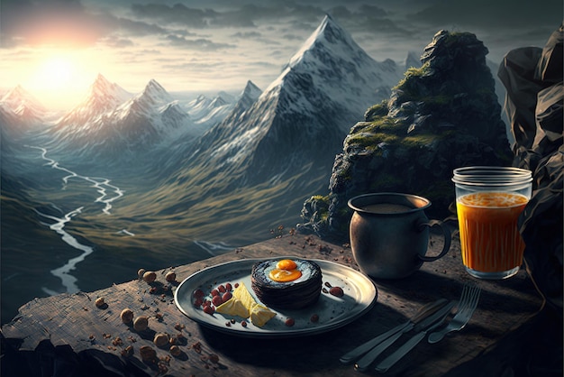 Petit-déjeuner au sommet de la montagne vue parfaite depuis l'hôtel ou le restaurant