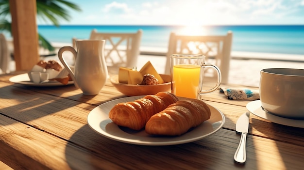 Petit déjeuner à l'aube sur la plage de l'océan arrière-plan flou Ai génératif