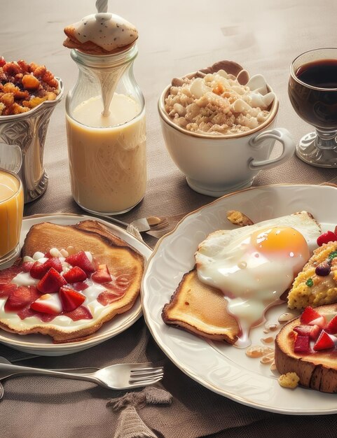 Photo petit déjeuner avec de l'avoine, des crêpes, des baies et du café.