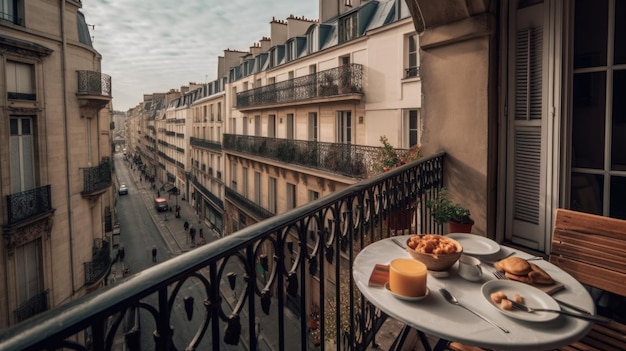 Petit-déjeuner sur le balcon le matin à l'hôtel Paris Terrace