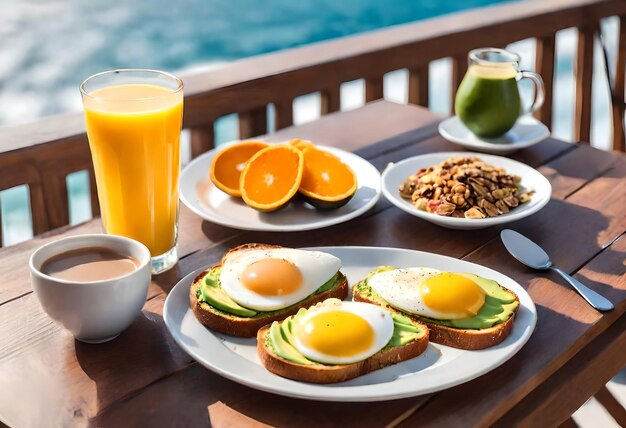 petit déjeuner sur un balcon avec vue sur l'océan