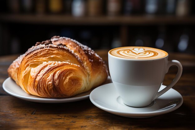 Petit déjeuner avec café et croissant généré par l'IA