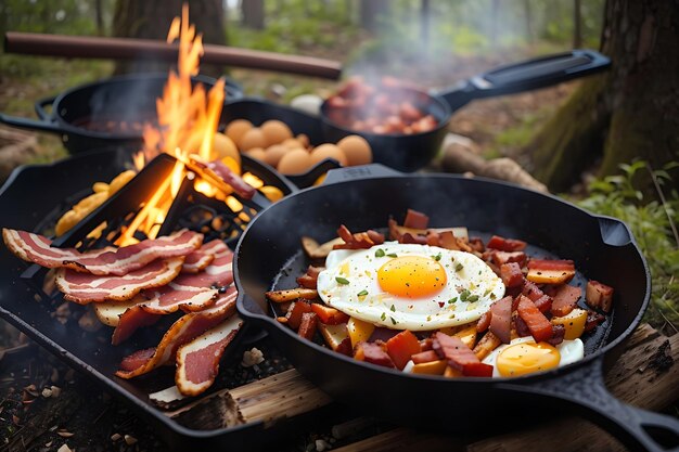 Petit-déjeuner de camping avec bacon et œufs dans une poêle en fonte Générer AI