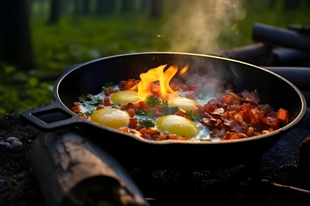 Petit-déjeuner de camping avec bacon et œufs dans une poêle en fonte Œufs frits avec bacon dans une poêle dans le