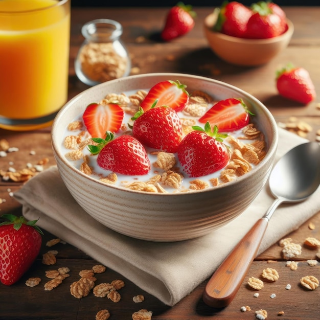 Petit déjeuner avec des céréales au lait et des fraises