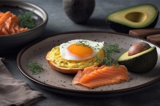 Un petit déjeuner cétogène sain avec des œufs, du saumon et de l'avocat sur une assiette d'un restaurant servant de l'IA générative