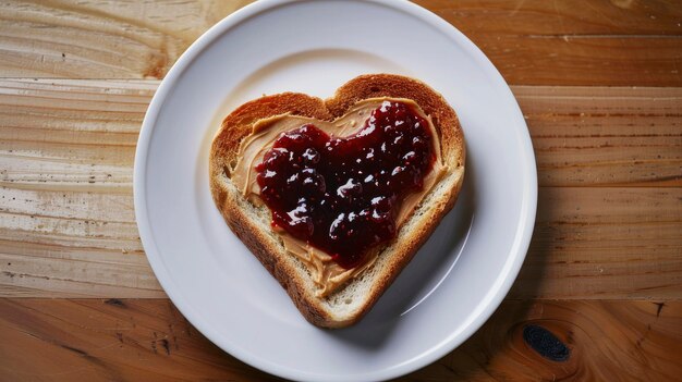 Un petit déjeuner chaleureux, du pain torréfié en forme de cœur, surmonté d'une goutte de beurre d'arachide et de confiture rouge foncé, sur une assiette blanche sur une table en bois.