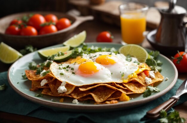 Le petit déjeuner de Chilaquiles avec des œufs frits