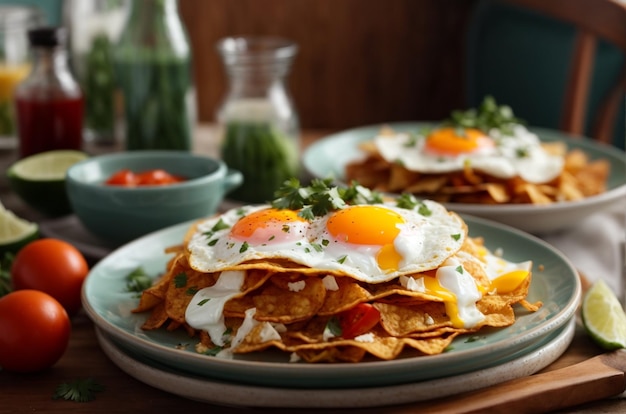 Le petit déjeuner de Chilaquiles avec des œufs frits