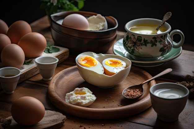 Petit-déjeuner colombien traditionnel composé d'œufs, de fromage et de café aux pastels