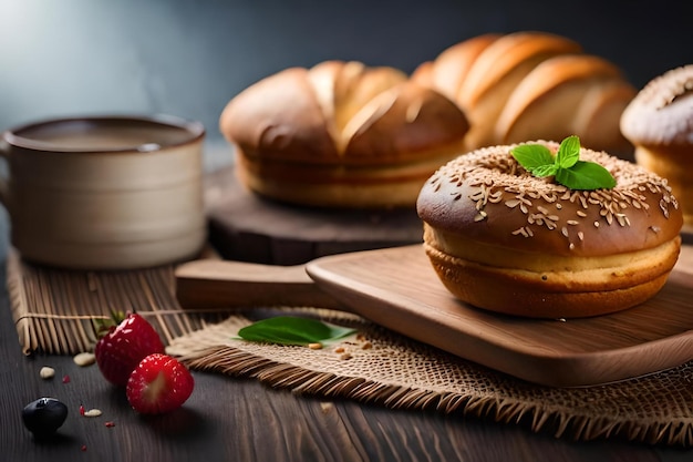 Un petit-déjeuner composé de beignets et d'un bagel avec une fraise sur le dessus.