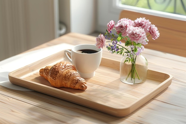 Un petit déjeuner confortable avec du café et des croissants par une journée ensoleillée.