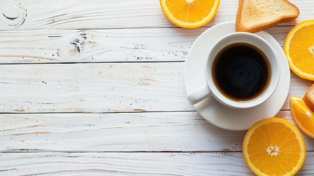 Petit-déjeuner continental café jus d'orange et pain grillé sur une table en bois blanc Arrière-plan avec espace de texte libre