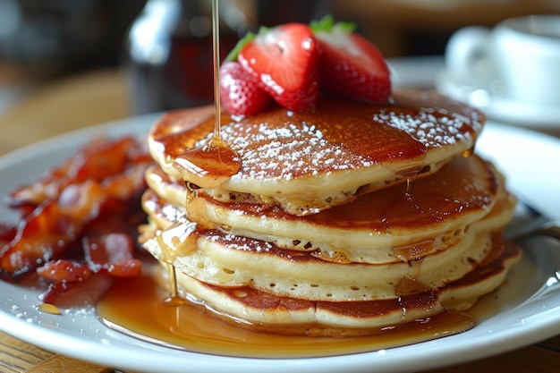 Un petit déjeuner copieux, des crêpes moelleuses, du sirop, de la pluie et du bacon croustillant.