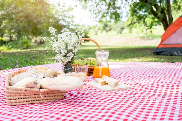 Petit déjeuner sur une couverture de pique-nique dans le parc