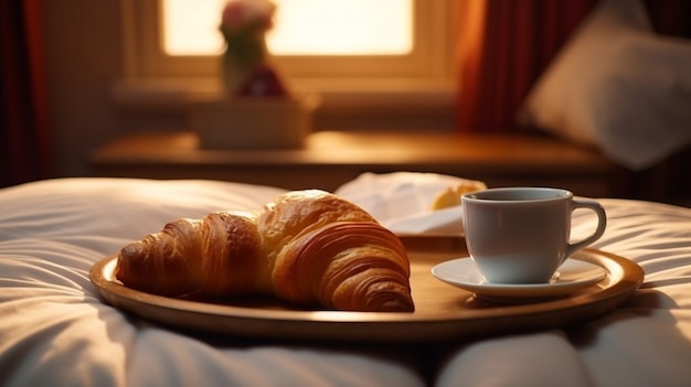 petit déjeuner croissant sur un lit dans une chambre d'hôtel