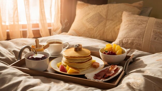 Photo petit déjeuner dans la composition du lit