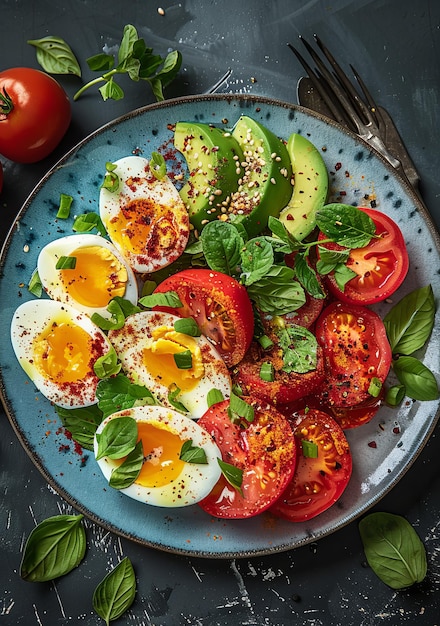 Un petit déjeuner ou un déjeuner sain et savoureux avec de l'avocat, de la tomate et des œufs