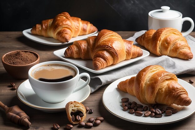 Petit déjeuner avec du café et des croissants frais.