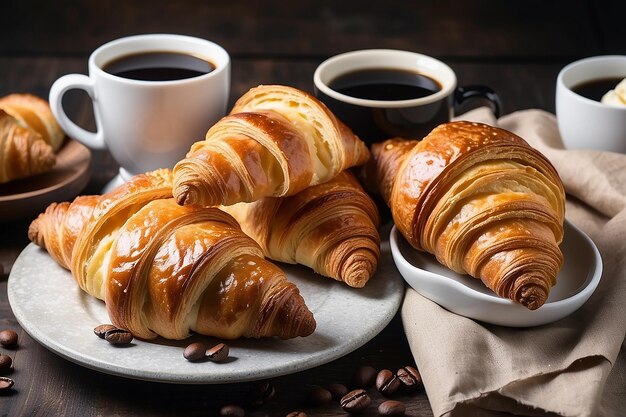 Petit déjeuner avec du café et des croissants frais.