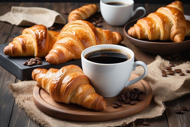 Petit déjeuner avec du café et des croissants frais.