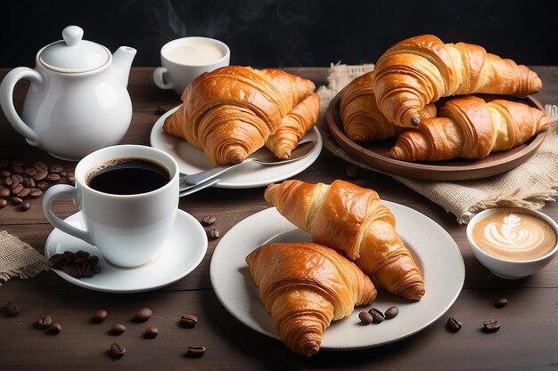 Petit déjeuner avec du café et des croissants frais.