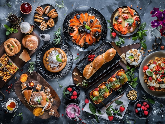 Petit déjeuner avec du café, des croissants, des fruits et des baies sur un fond sombre