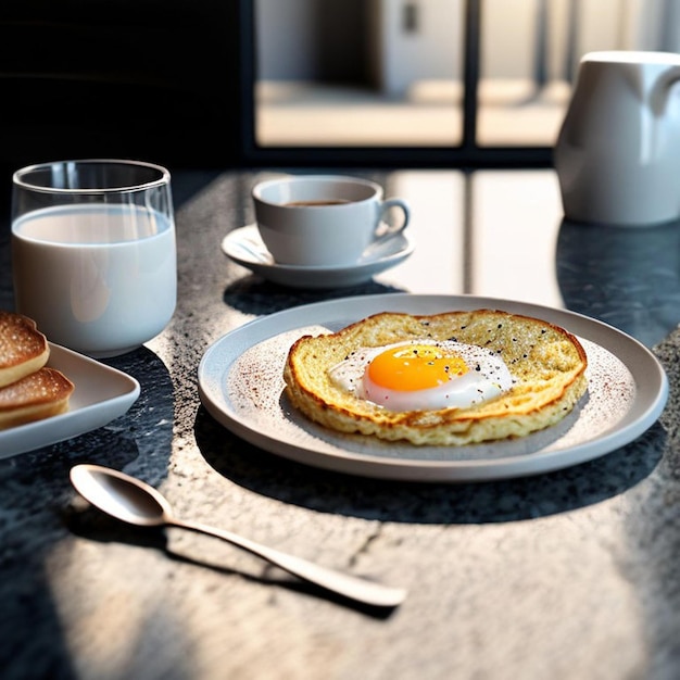 Petit-déjeuner du matin, œufs brouillés sur une table joliment servie à la maison. AI générative