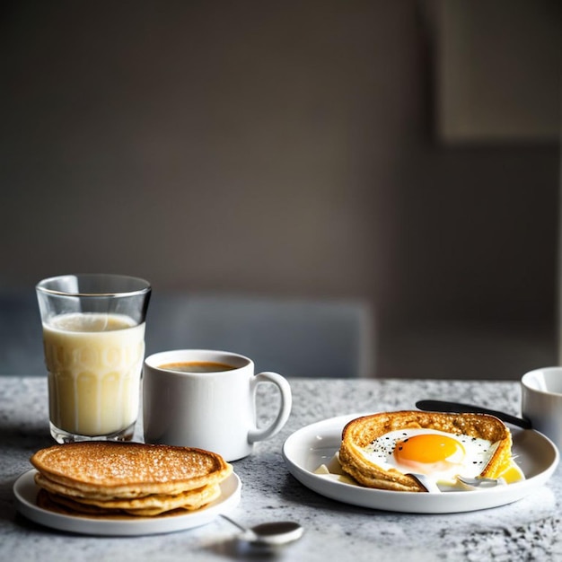 Petit-déjeuner du matin, œufs brouillés sur une table joliment servie à la maison. AI générative