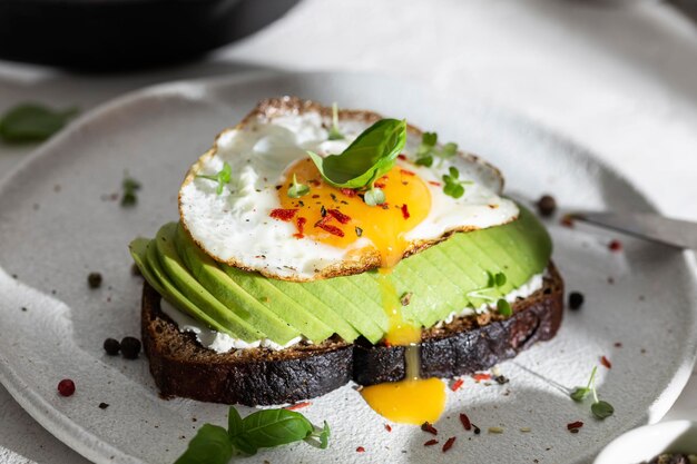 Photo petit-déjeuner avec du pain grillé, de l'avocat et des œufs dans une assiette