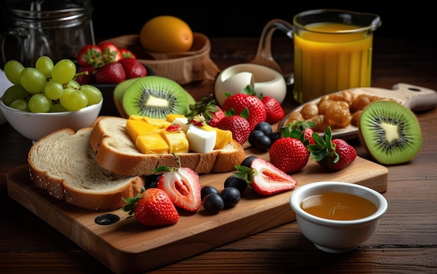 Un petit-déjeuner étalé de fruits et de pain dessus