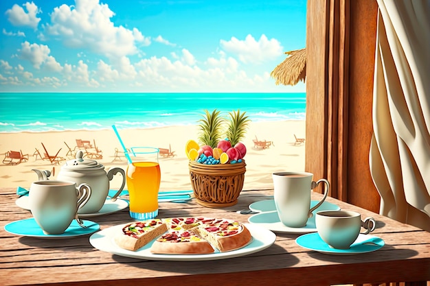 Petit-déjeuner à l'extérieur du café en mer servi à table sur la plage