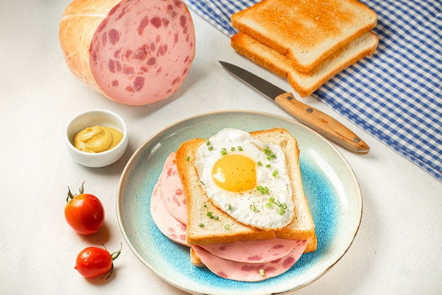 Petit déjeuner facile - oeuf au plat sur sandwich avec saucisse sur assiette avec tomates, moutarde, jambon, pain grillé. Fond blanc avec nappe. Vue de dessus.